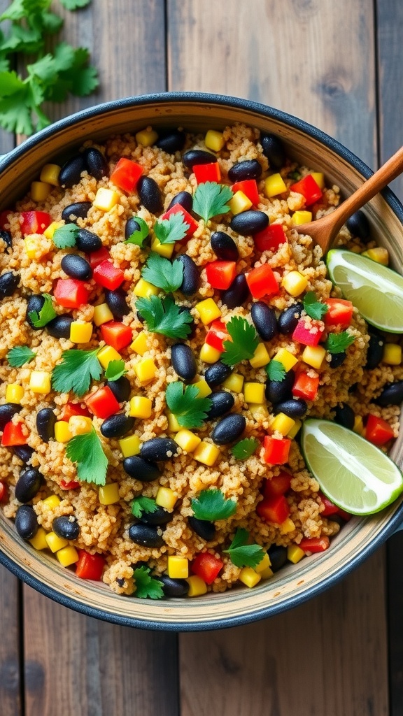 A colorful one-pot quinoa meal with black beans, bell peppers, corn, and cilantro on a rustic table.